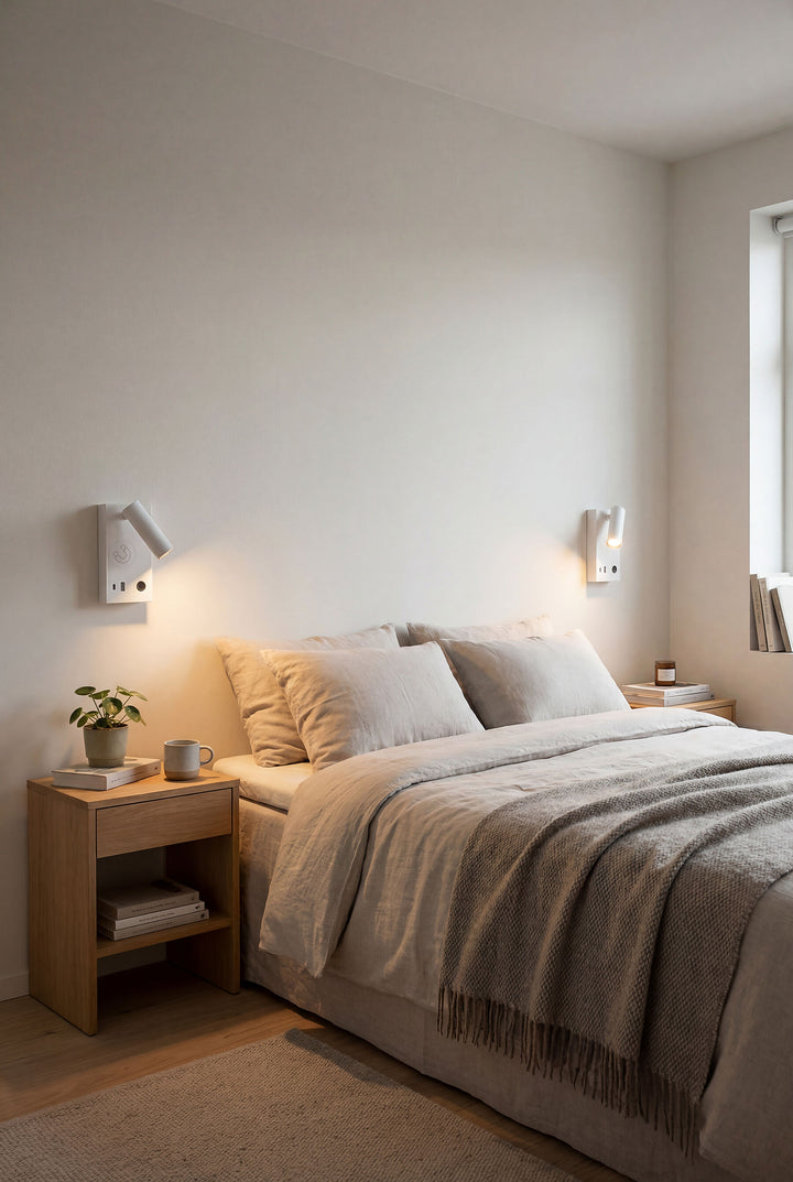 Bedside Base vegglampe med USB A, C og trådløslading - Dimbar