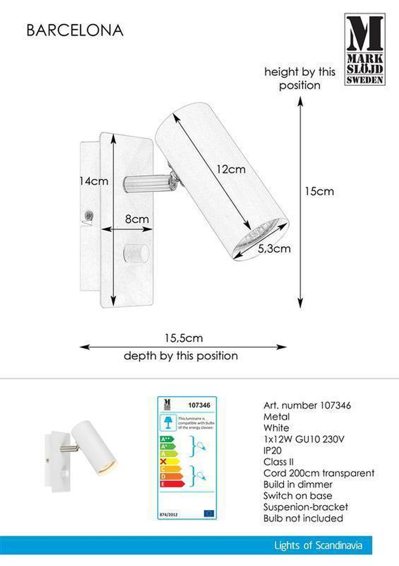 Barcelona vegglampe hvit-Vegglamper-Marksløjd-107346-Lightup.no