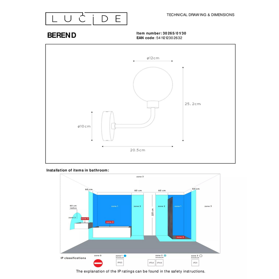 Berend vegglampe IP44 - Svart/Opal-Vegglamper-Lucide-LC30265/01/30-Lightup.no