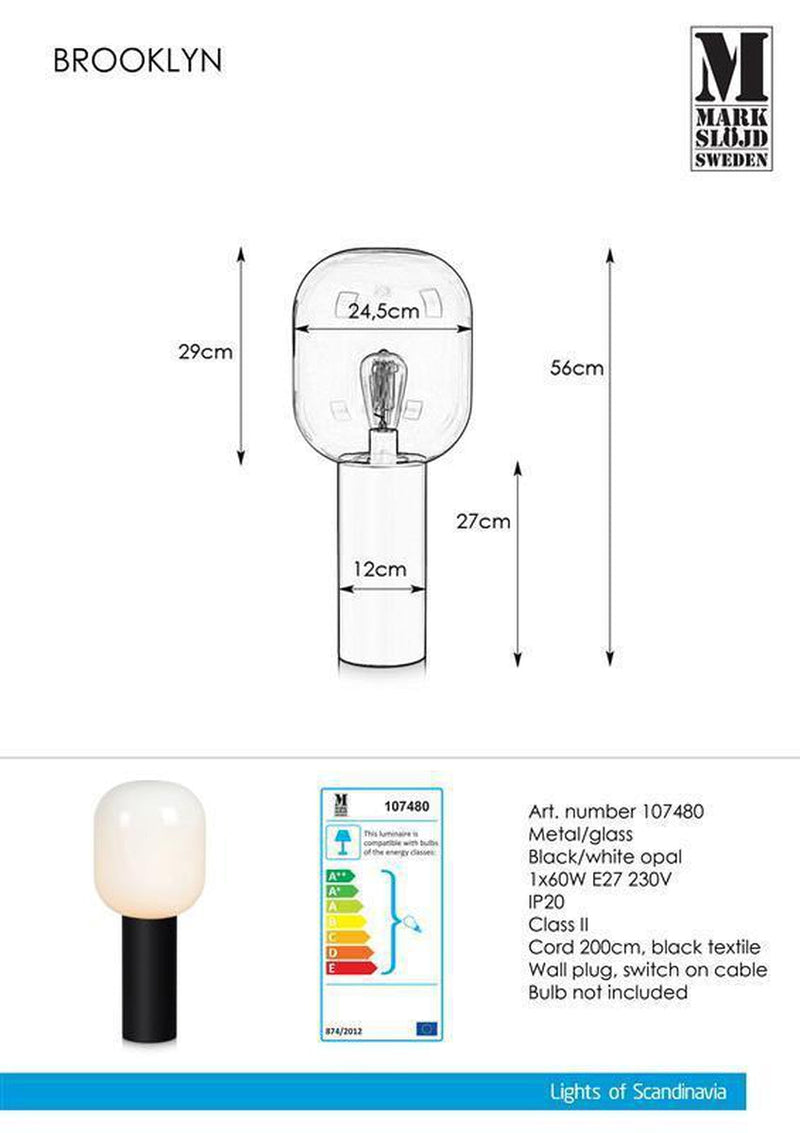 Brooklyn bordlampe 56 Svart/Opalhvit-Bordlamper-Marksløjd-107480-Lightup.no