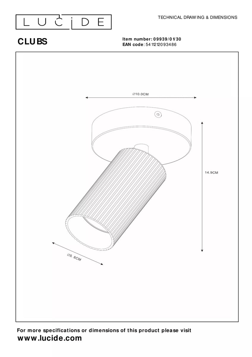Clubs takspot 1-lys-Taklamper-Lucide-Svart-LC09939/01/30-Lightup.no