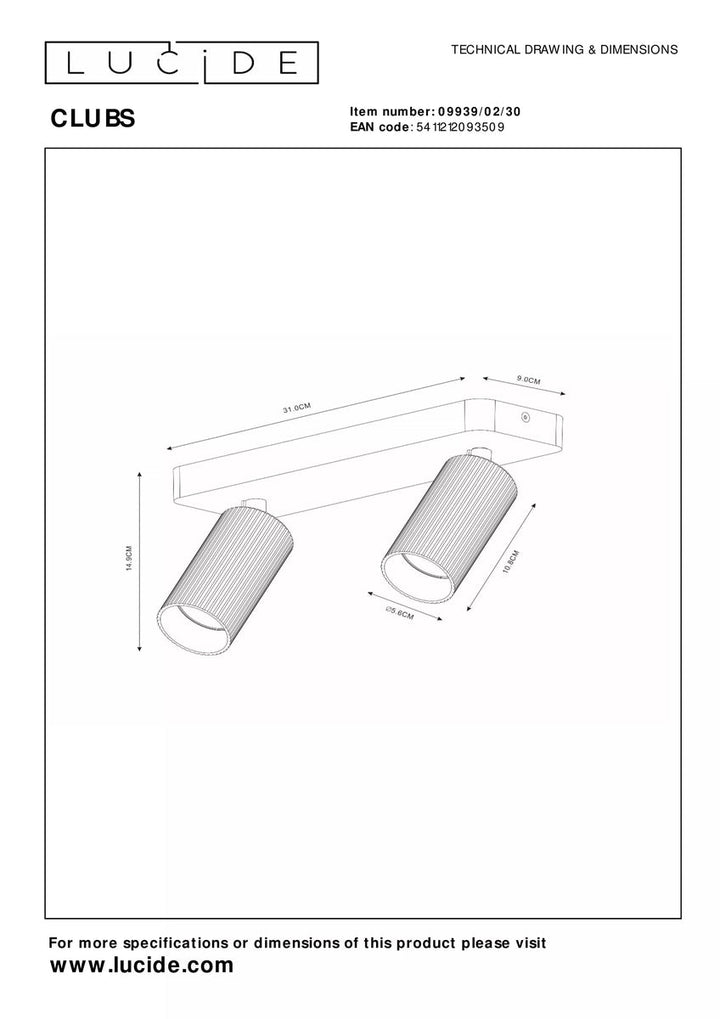 Clubs takspot 2-lys-Taklamper-Lucide-Svart-LC09939/02/30-Lightup.no