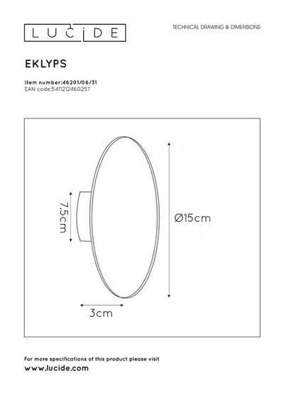 Eklyps vegglampe 15 cm - Hvit-Vegglamper-Lucide-LC46201/06/31-Lightup.no