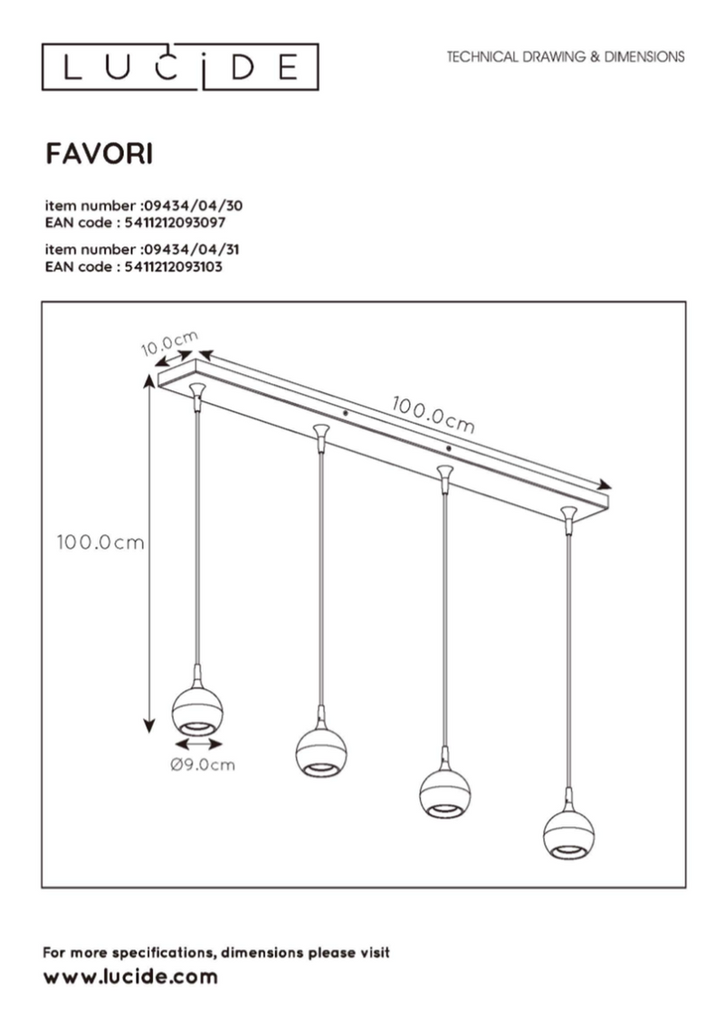 Favori takpendel 4 - Svart-Takpendler-Lucide-LC09434/04/30-Lightup.no