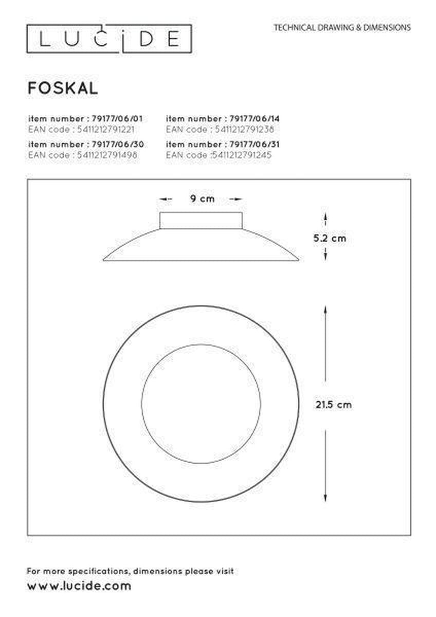 Foskal taklampe 21,5 cm 6W 2700 Kelvin - Sølv-Taklamper-Lucide-Sølv-LC79177/06/14-Lightup.no