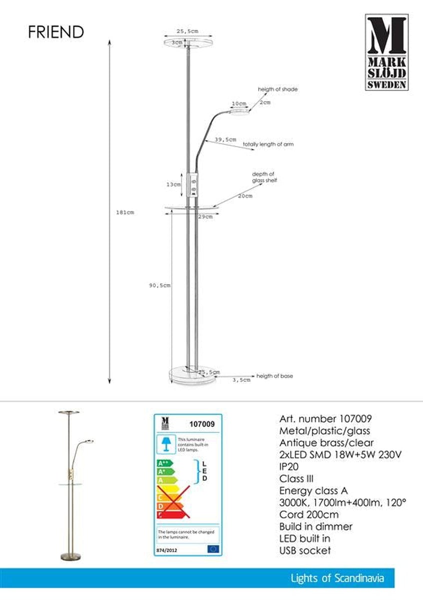 Friend gulvlampe med USB- Messing-Gulvlamper-Marksløjd-107009-Lightup.no