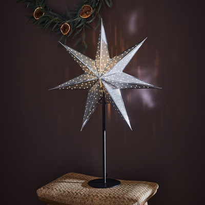 Glitter papirstjerne på fot 45 cm - Sølv/Svart-Julebelysning adventstjerne-Marksløjd-705794-Lightup.no