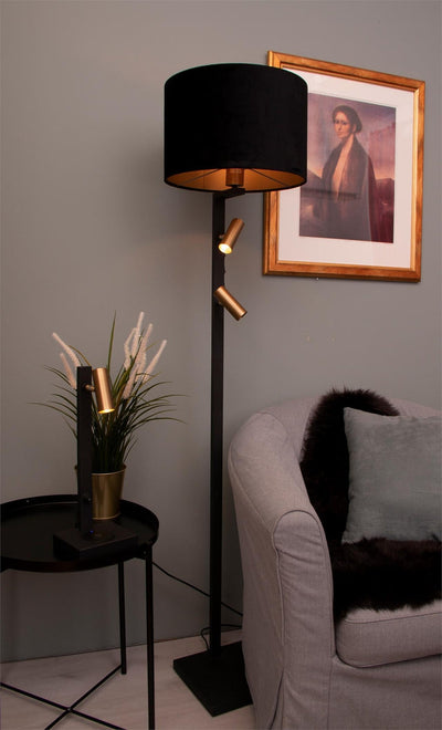 Havana gulvlampe med velour lampeskjerm og 2 leselys - Svart/Messingfarget-Gulvlamper-Scanlight-169799+169040-Lightup.no