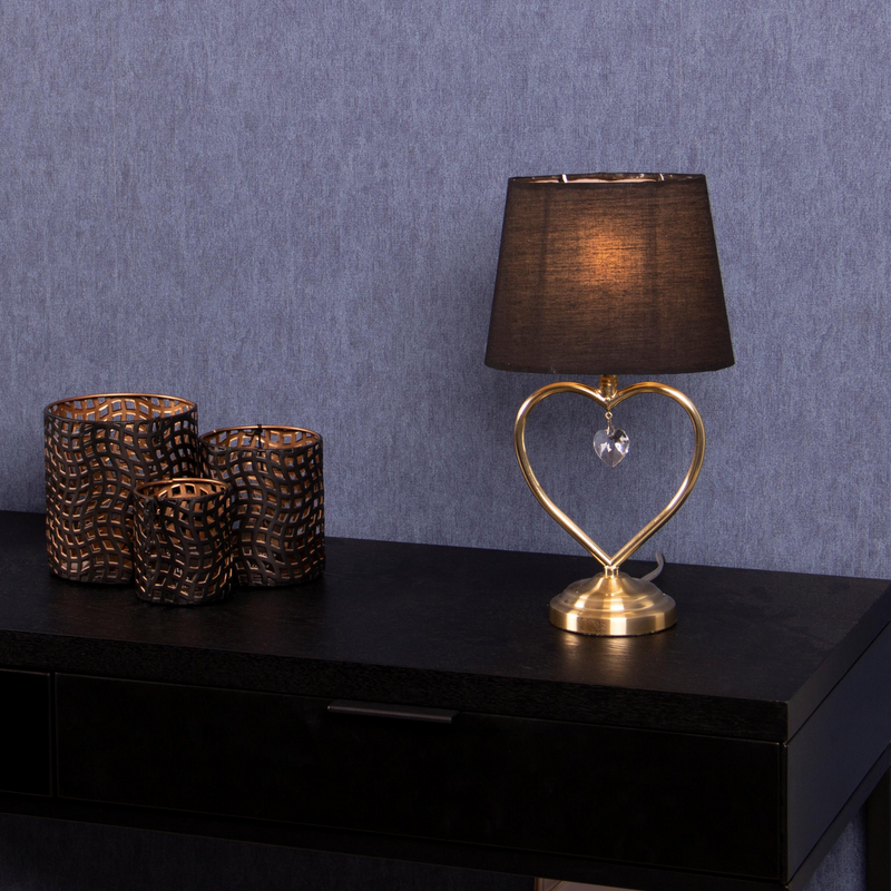 Heart bordlampe 34 cm høyde messing - Antikk messing med svart skjerm-Bordlamper-Scanlight-169058-Lightup.no