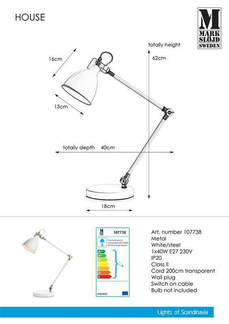 House bordlampe hvit/stål-Bordlamper-Marksløjd-107738-Lightup.no