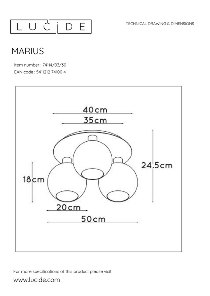 Marius taklampe 3-Taklamper-Lucide-Svart / Røyk-LC74114/03/30-Lightup.no