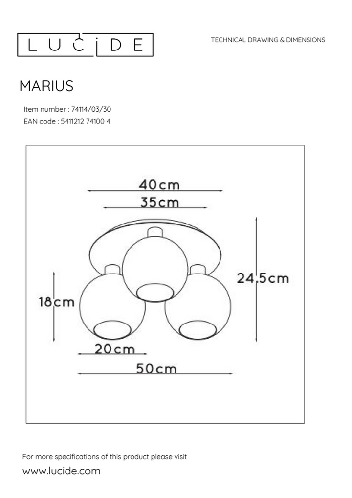 Marius taklampe 3 - røykfarget/Svart-Taklamper-Lucide-LC74114/03/30-Lightup.no