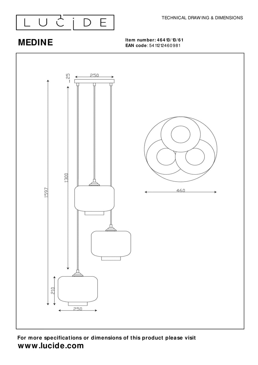 Medine rondell takpendel 3-lys - Svart/Opal hvit-Takpendler-Lucide-Svart / Opal-LC46413/13/61-Lightup.no