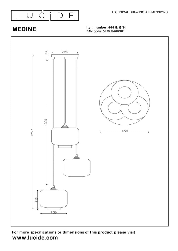 Medine rondell takpendel 3-lys - Svart/Opal hvit-Takpendler-Lucide-Svart / Opal-LC46413/13/61-Lightup.no