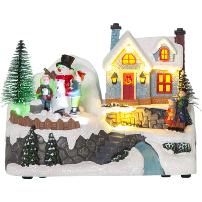 Panorama Winterville med lekende barn og snømann - Batteridrevet-Julebelysning dekor og pynt-Star Trading-992-48-Lightup.no