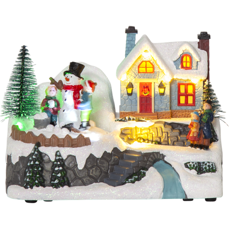 Panorama Winterville med lekende barn og snømann - Batteridrevet-Julebelysning dekor og pynt-Star Trading-992-48-Lightup.no
