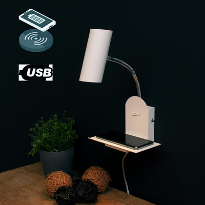 Patra vegglampe med trådløs lader og USB - Hvit-Vegglamper-Scanlight-169178-Lightup.no
