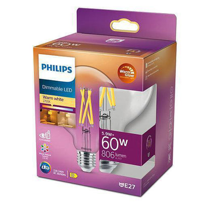 Philips 5,9W globe dimbar LED filament warmglow 95 mm (60W) RA90-LED-pære E27 sokkel-Philips-929003010901-Lightup.no