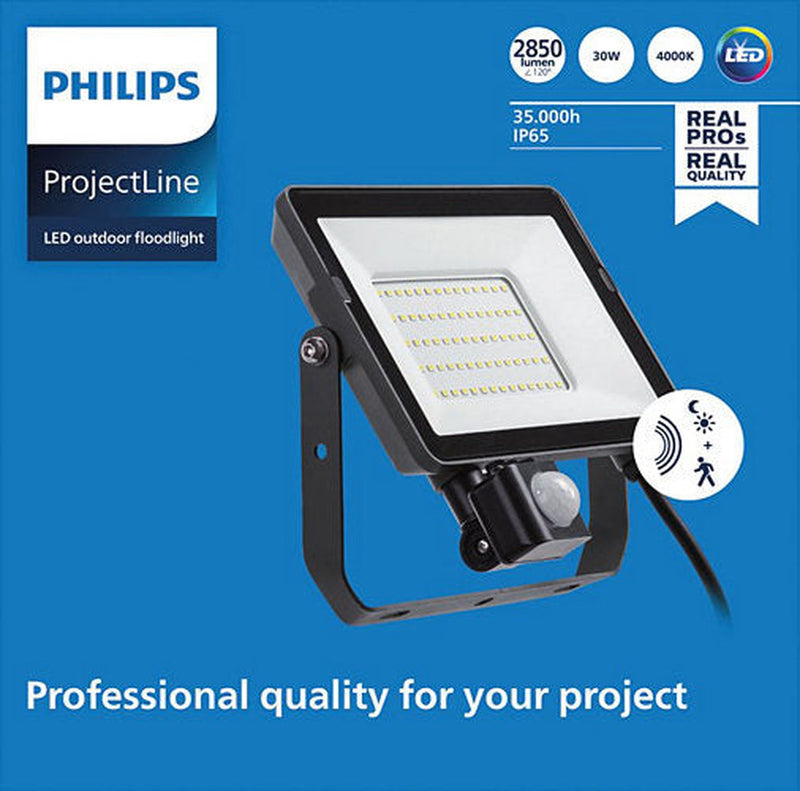 Philips ProjectLine lyskaster utendørs 30W 4000K IP65 m/bevegelsessensor - Svart-Utebelysning lyskaster-Philips-911401863684-Lightup.no