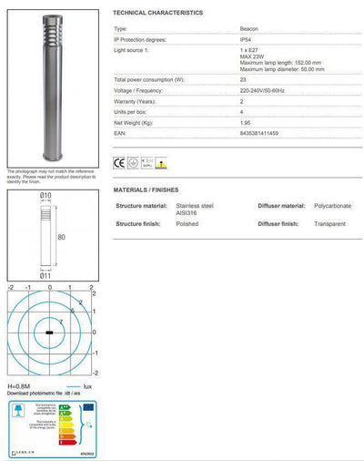 Priap pullert 80 cm, inox aisi 316-Utebelysning pullert-NorDesign-55-9440-CA-M2-Lightup.no