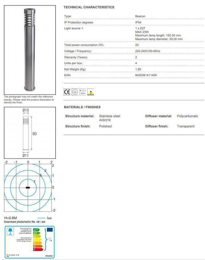Priap pullert 80 cm, inox aisi 316-Utebelysning pullert-NorDesign-55-9440-CA-M2-Lightup.no