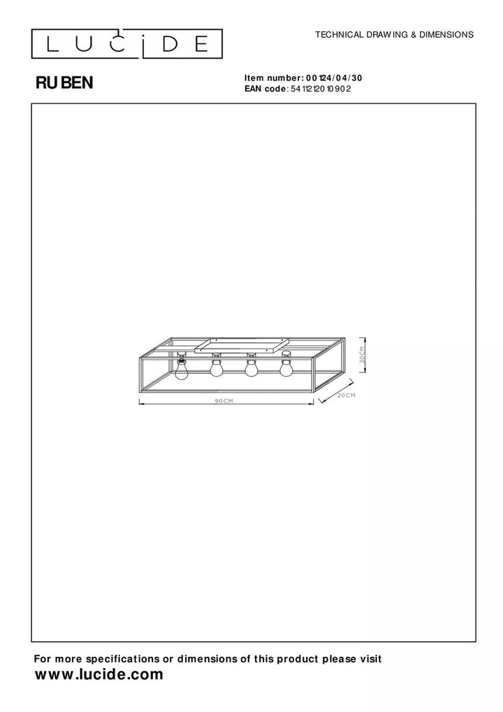 Ruben taklampe 90 cm 4-lys - Svart/Gullfarget-Taklamper-Lucide-Svart / Messing-LC00124/04/30-Lightup.no