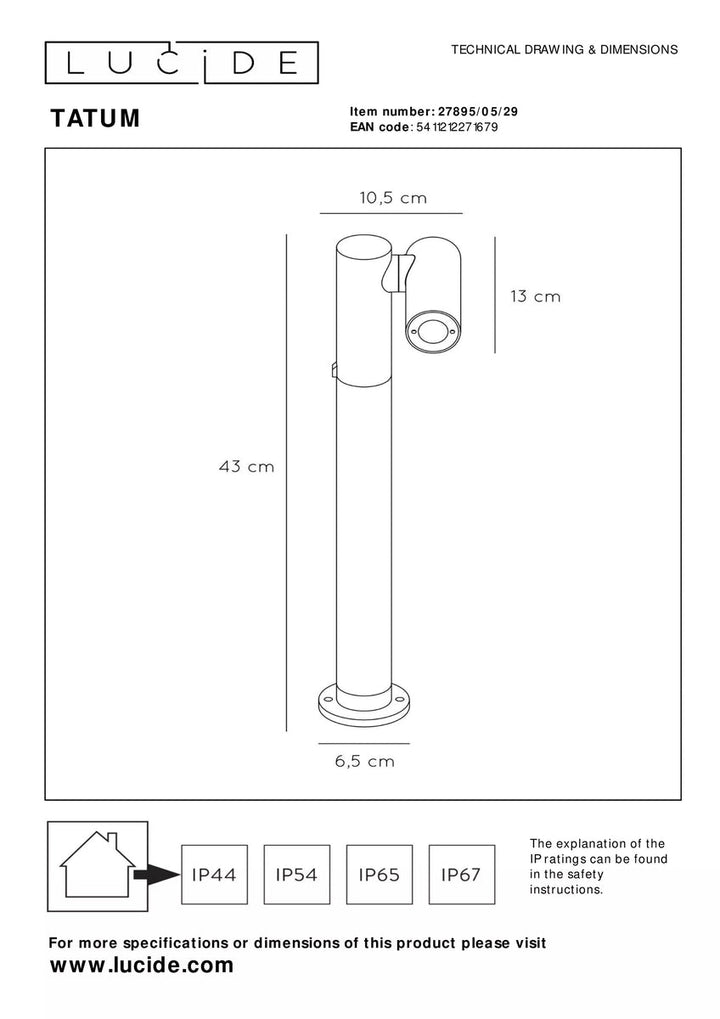 Tatum pullert 43 cm 4,5W IP65 3000K - Antrasitt-Utebelysning pullert-Lucide-LC27895/05/29-Lightup.no