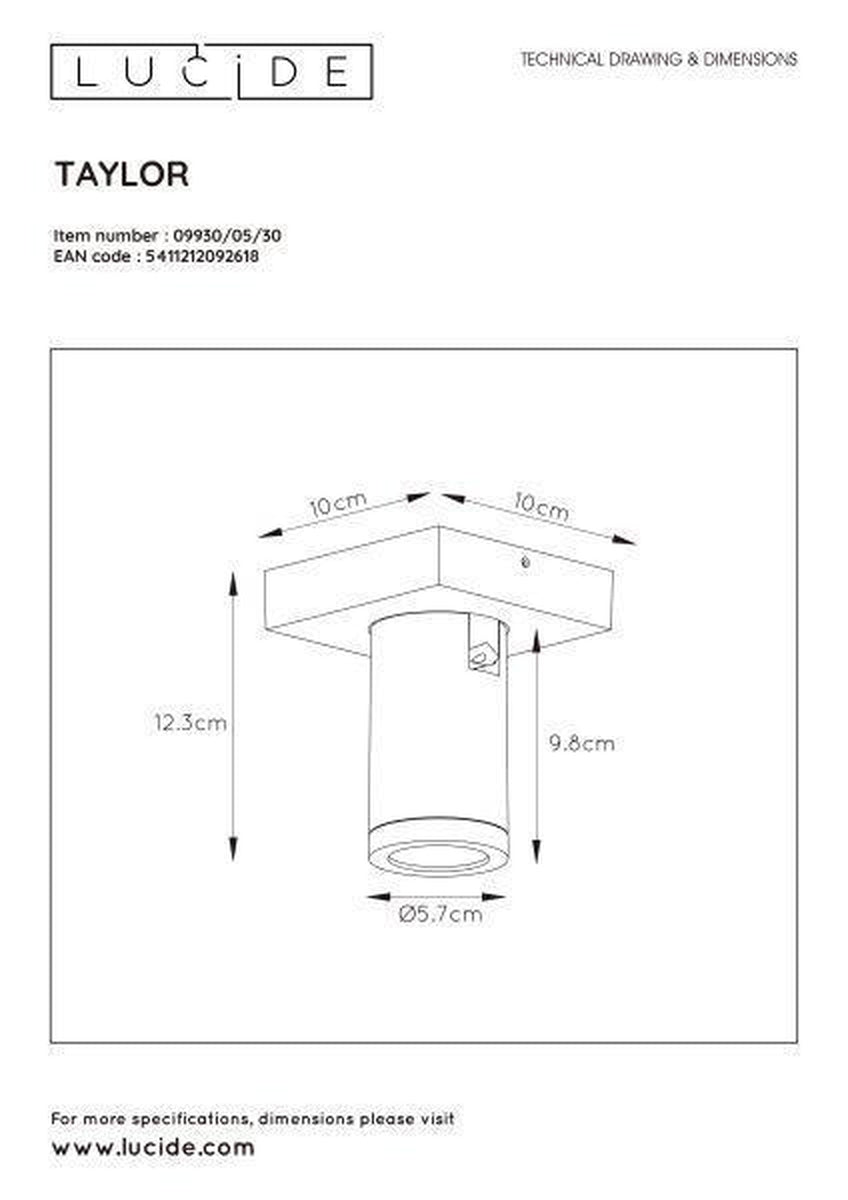 Taylor spot 1 lys IP44 baderom warm to dim 5W 2200-3000K-Taklamper-Lucide-Svart-LC09930/05/30-Lightup.no