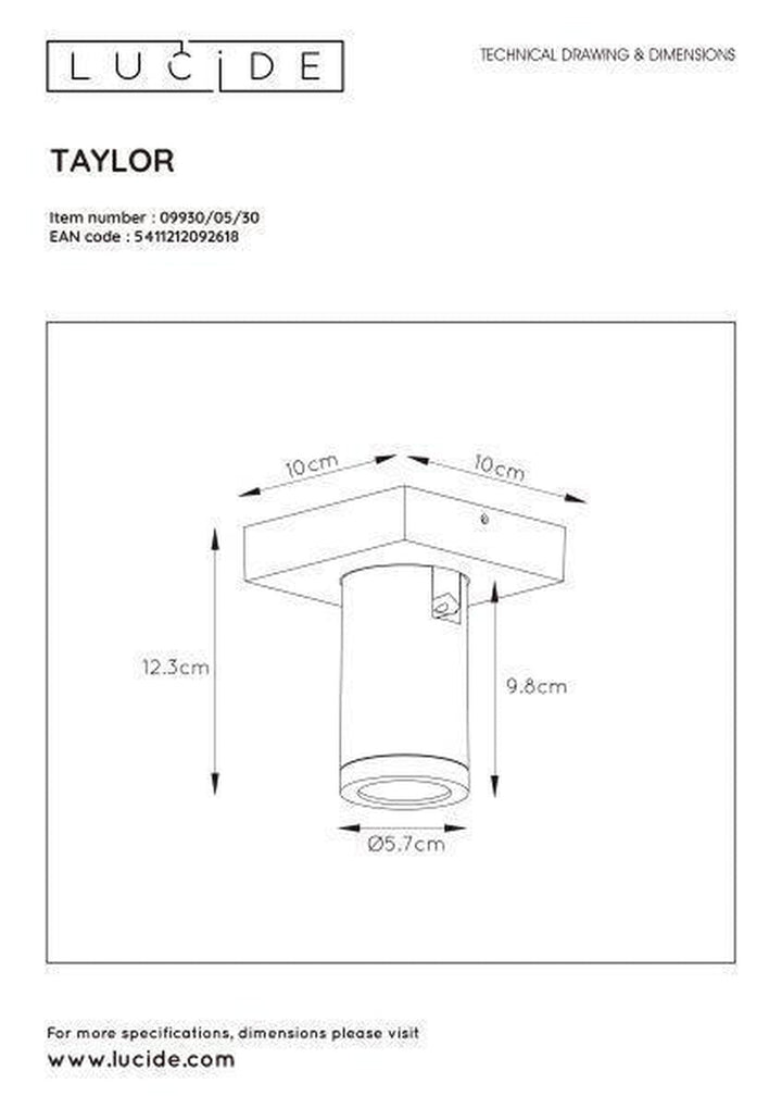 Taylor spot 1 lys IP44 baderom warm to dim 5W 2200-3000K-Taklamper-Lucide-Svart-LC09930/05/30-Lightup.no