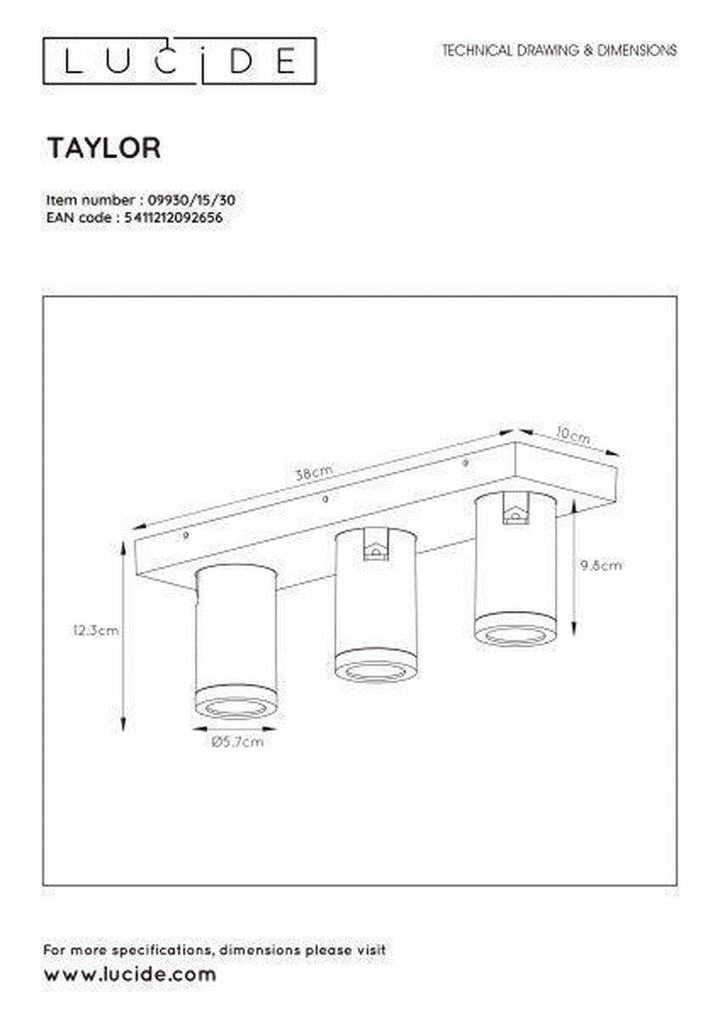 Taylor spot 3 lys IP44 baderom warm to dim 3x5W 2200-3000K-Taklamper-Lucide-Svart-LC09930/15/30-Lightup.no