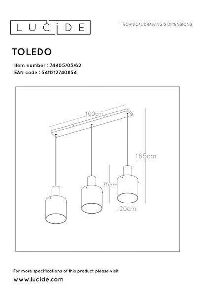 Toledo takpendel 3 lys skinne - Amber-Takpendler-Lucide-LC74405/03/62-Lightup.no
