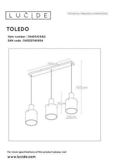 Toledo takpendel 3 lys skinne - Amber-Takpendler-Lucide-LC74405/03/62-Lightup.no
