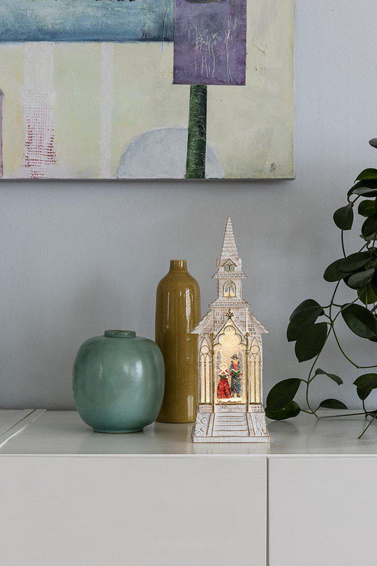 (Utgått) (Utgått) Vannfylt lykt kirke med glittereffekt - hvit-Julebelysning dekor og pynt-Konstsmide-4366-200-Lightup.no