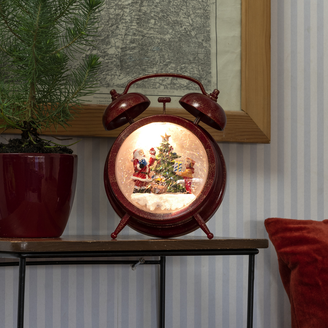 Vannfylt vekkerklokke med nisse, barn og juletre-Julebelysning dekor og pynt-Konstsmide-Rød-4375-550-Lightup.no