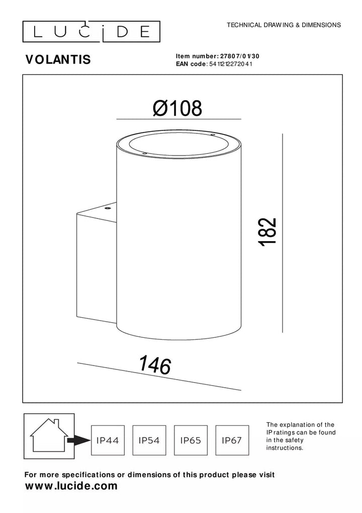 Volantis vegglampe utendørs ned IP54 E27 - Svart-Utebelysning vegg opp og ned-Lucide-Svart-LC27807/01/30-Lightup.no