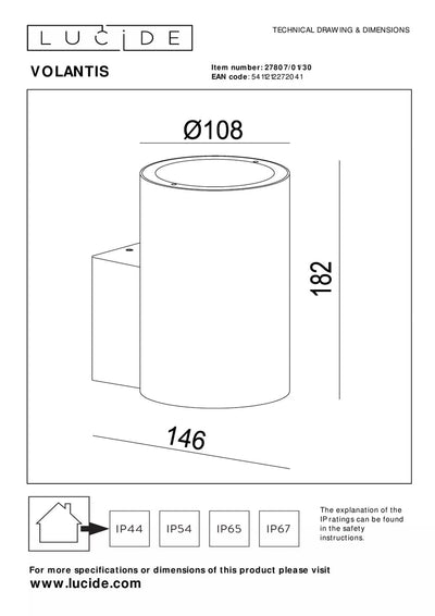 Volantis vegglampe utendørs ned IP54 E27 - Svart-Utebelysning vegg opp og ned-Lucide-LC27807/01/30-Lightup.no