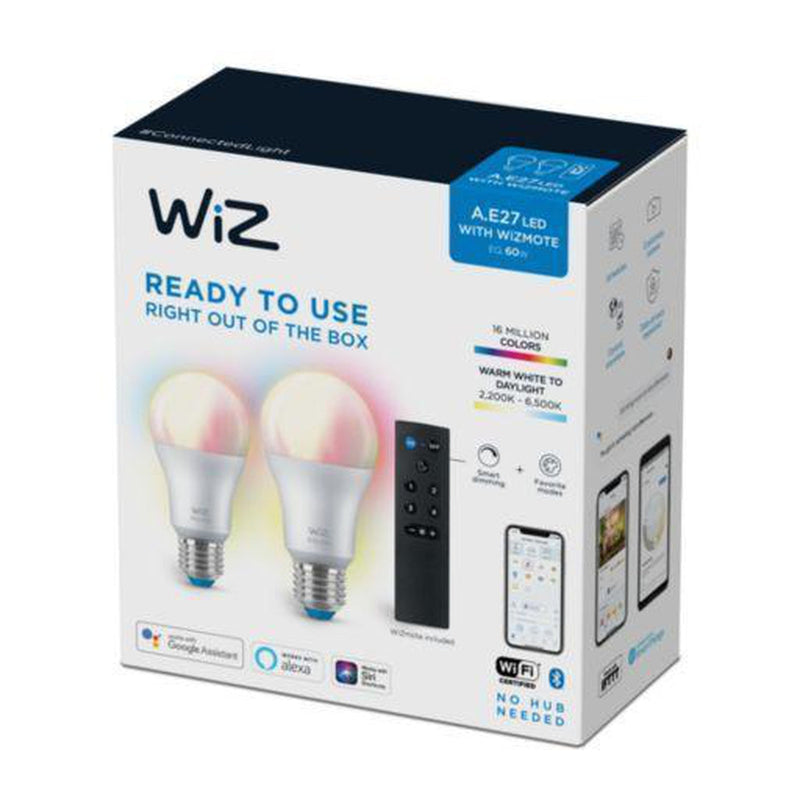 WiZ E27 Lyspære A60 8W Wifi - Fullfarge - 2 pakning inkludert fjernkontroll-Smartpærer E27-WiZ-929002451201-Lightup.no