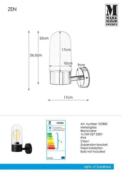 Zen vegglampe IP44 - Svart/klar-Baderomsbelysning vegglamper-Marksløjd-107800-Lightup.no